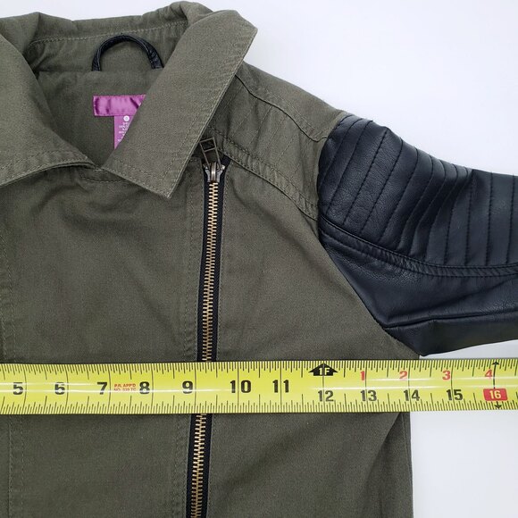 Aqua Bloomingdales Moto Jacket Size S Black Faux Leather Sleeves Army Green - Picture 8 of 8